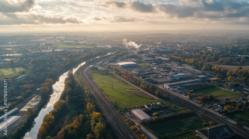 Aerial view of industrial area with railway tracks, fields, and river at sunrise. Urban landscape and transportation concept Aerial view of industrial area with railway tracks, fields, and river at sunrise. Urban landscape and transportation concept