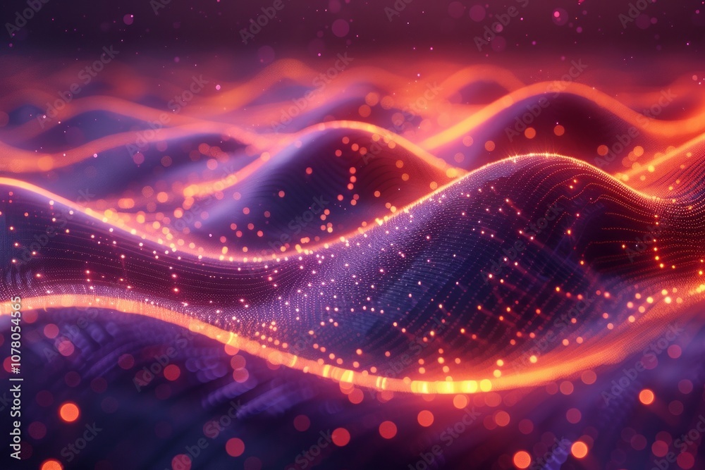 Fototapeta premium Abstract purple and orange glowing waves with bokeh. AI generative. .
