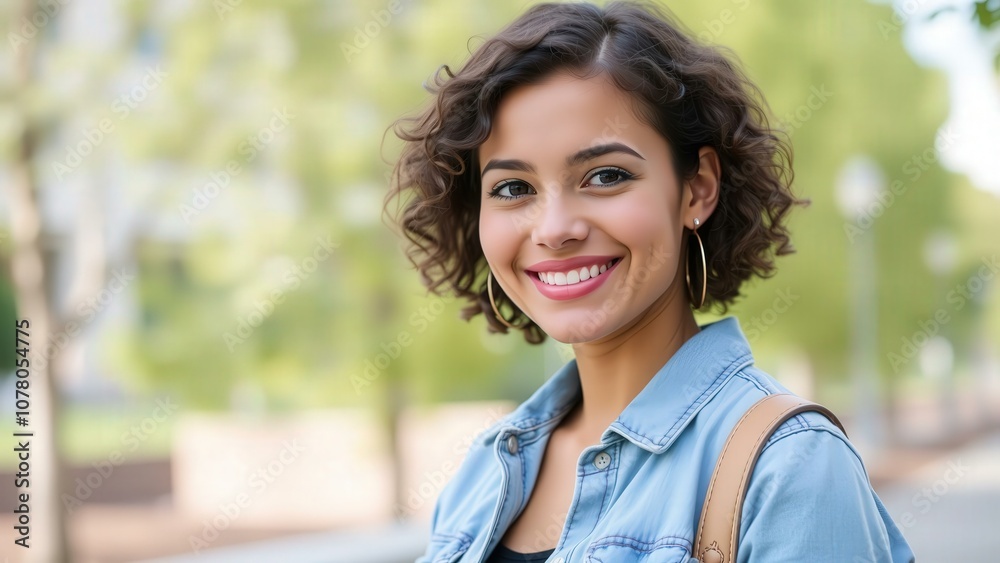 Happy Young Woman Smiling Outdoors in Casual Denim Jacket, Perfect for Social Media, Advertising, and Marketing Campaigns Happy Young Woman Smiling Outdoors in Casual Denim Jacket, Perfect for Social Media, Advertising, and Marketing Campaigns