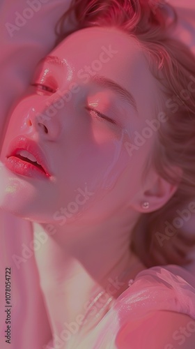 Close-Up Portrait of a Woman with Pink Lighting and Eyes Closed