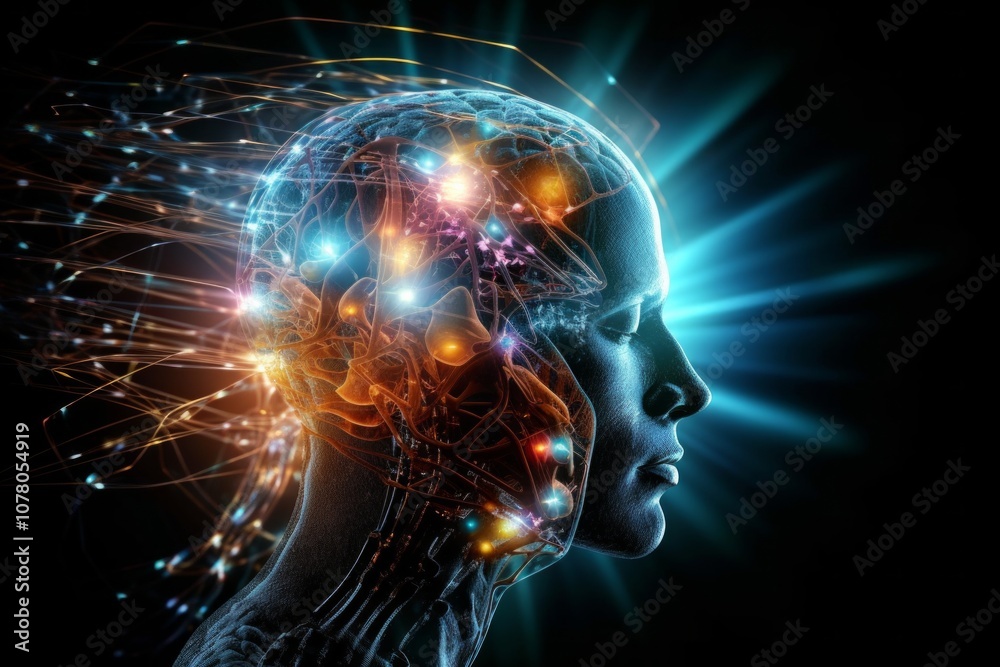 A glowing head with digital veins and a bright blue light emanating from the side. AI generative. . A glowing head with digital veins and a bright blue light emanating from the side. AI generative. .