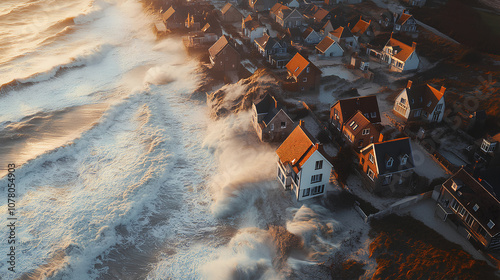 coastal community rebuilding after being devastated by a storm surge or hurricane, depicting the resilience efforts needed to adapt to climate change impacts. Climate change photo