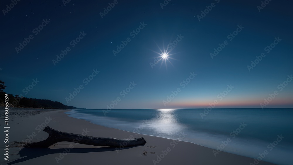 Obraz premium Star with silhouette landscape for peaceful themes. Serene moonlit beach with a bright star above, a log on the sand, and gentle waves under the night sky. Peaceful and tranquil.