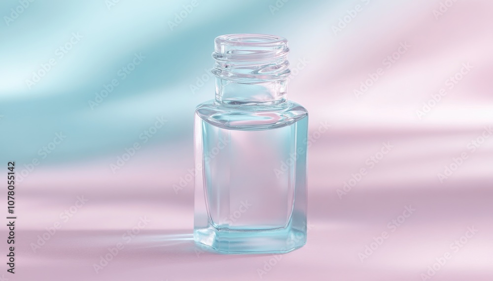 Elegant glass bottle on a soft pastel background, perfect for showcasing drinks. Elegant glass bottle on a soft pastel background, perfect for showcasing drinks.