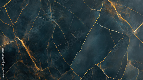 Abstract marble texture with dark blue background and gold vein patterns creating an elegant and luxurious design.