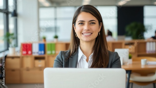 Professional Woman Smiling at Workplace Using Laptop in Modern Office Setting, Ideal for Business and Marketing Materials