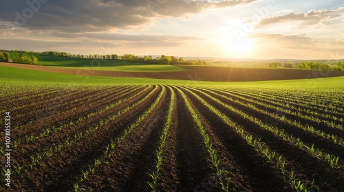 Cultivated field with young plants in rows at sunset. Agricultural landscape for farming and crop production concept