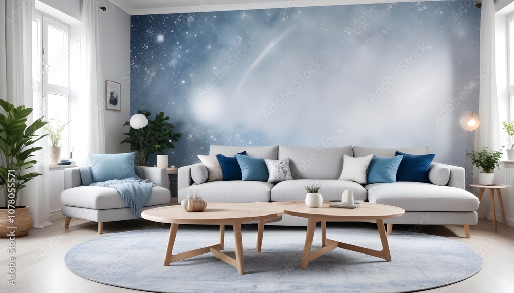 Fototapeta premium Scandinavian living room interior design zoom background,Doodle patterned wallpaper graphics