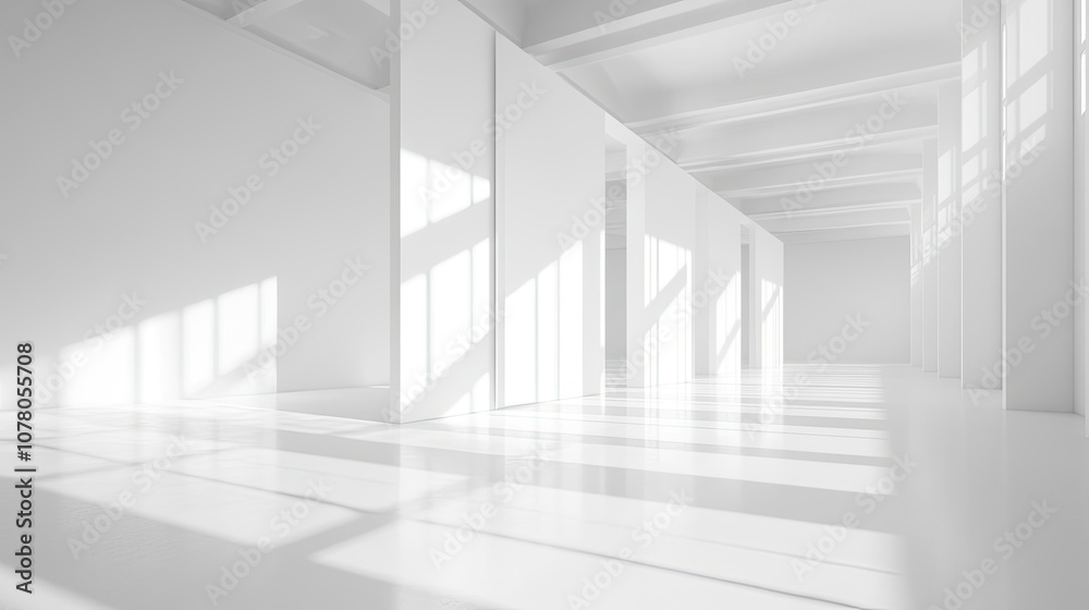 Sunlight streams through windows in a minimalist white room, creating a bright and airy atmosphere.