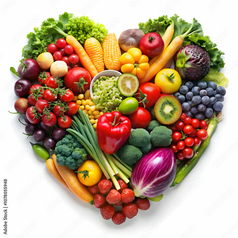 A heart composed of vibrant fruits and vegetables, symbolizing love for healthy living. A heart composed of vibrant fruits and vegetables, symbolizing love for healthy living.