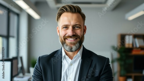 Professional Business Portrait of a Happy Man in Office Setting, Perfect for Corporate Websites and Marketing Materials photo