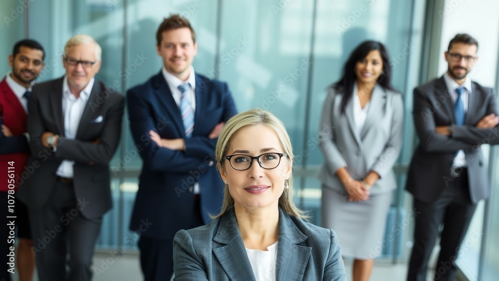 Confident Business Team in Professional Office Setting, Perfect for Corporate Marketing and Team Building Promotions Confident Business Team in Professional Office Setting, Perfect for Corporate Marketing and Team Building Promotions