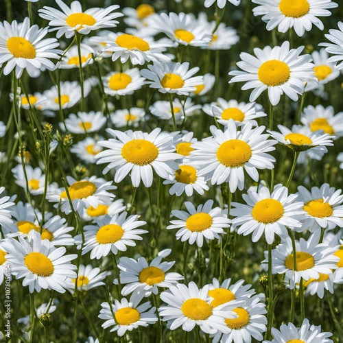 Field of Daisies under Clear Blue Sky with Soft Sunlight and Dreamy Atmosphere