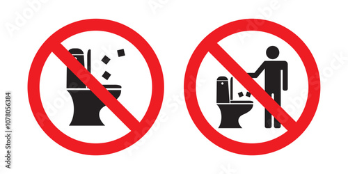 Keep clean toilet, icons set. Prohibition throw paper, rubbish, garbage into toilet. Red round symbols collection isolated on white background.