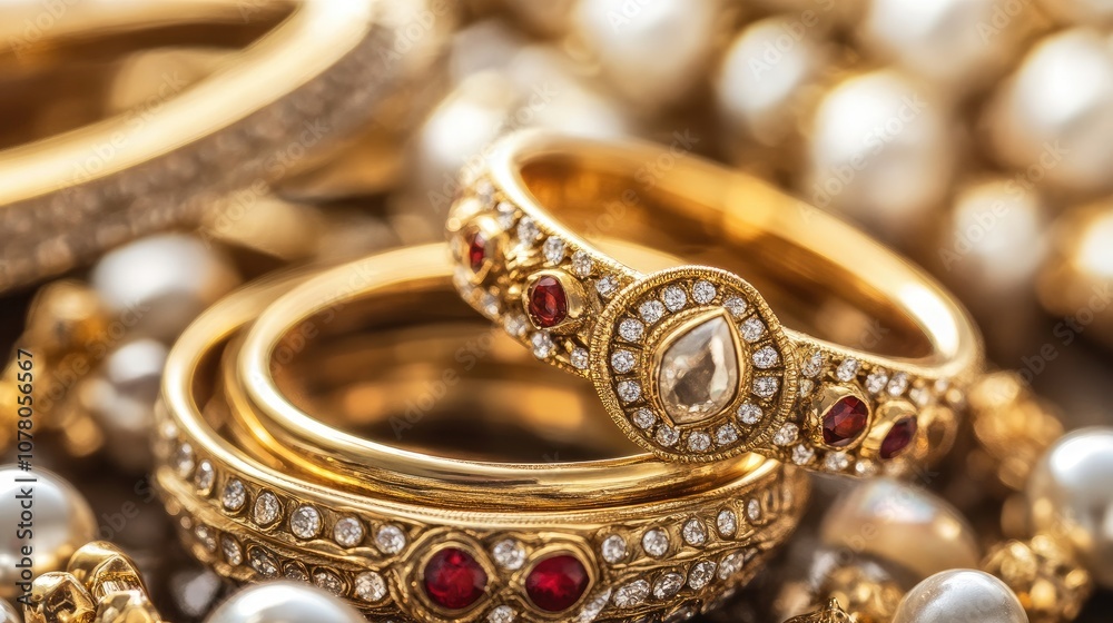 Elegant Gold Rings with Pearls and Diamonds Display Elegant Gold Rings with Pearls and Diamonds Display