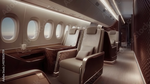 Luxurious interior of a business class airplane with spacious seating and modern design.