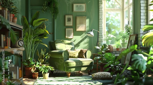 Living room with loads of plants a comfy green chair and lots of cushions