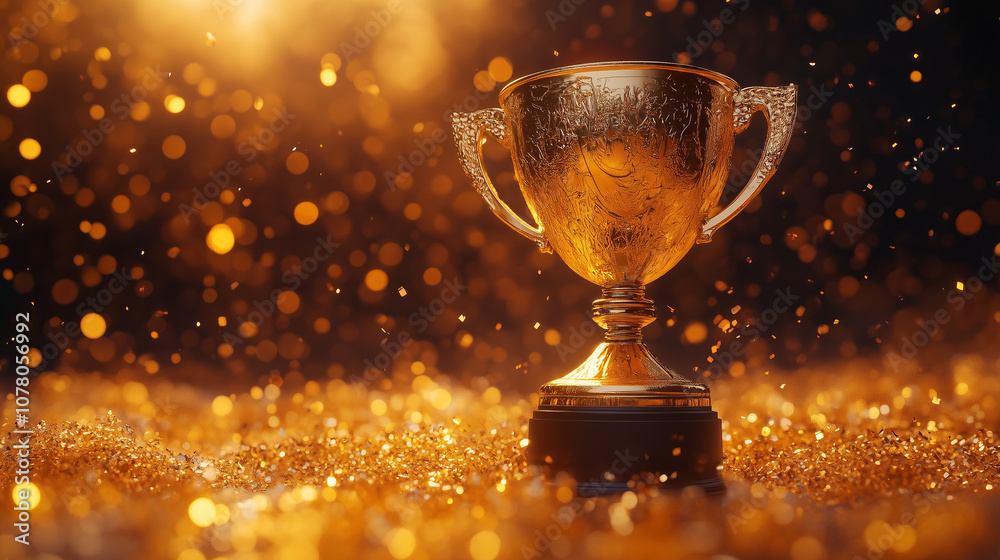 A shimmering golden trophy rests on a bed of sparkle, celebrating achievement in a dazzling and festive atmosphere. A shimmering golden trophy rests on a bed of sparkle, celebrating achievement in a dazzling and festive atmosphere.