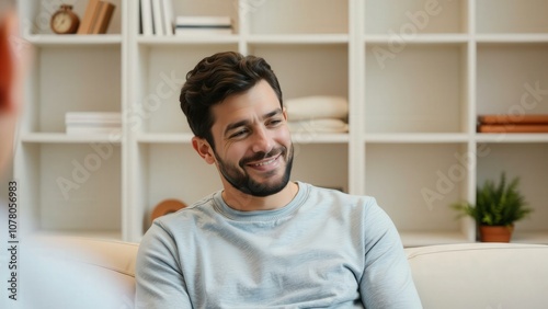 Happy Young Man in Comfortable Living Room Setting, Perfect for Web Design, Advertising, and Social Media Campaigns