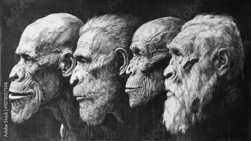 Black and white pencil drawing of four human-like faces in profile, showing the evolution of man.