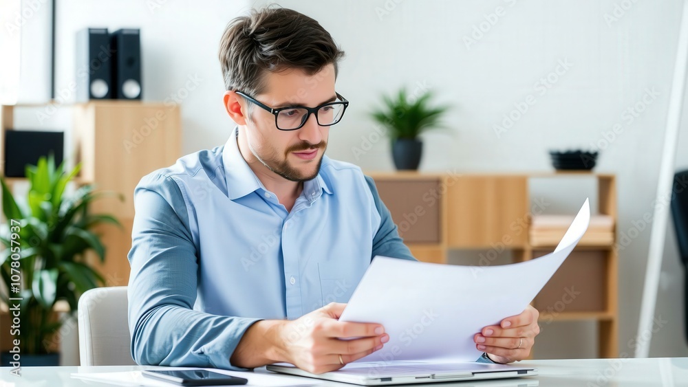 Focused Businessman Reading Documents at Desk in Modern Office Setting, Ideal for Business Marketing and Professional Development Concepts Focused Businessman Reading Documents at Desk in Modern Office Setting, Ideal for Business Marketing and Professional Development Concepts