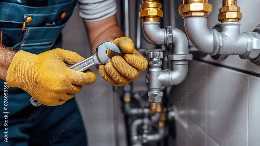 Worker using a wrench on a pipe system Worker using a wrench on a pipe system