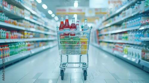 A shopping cart packed with assorted beverages, including sodas and juices, is showcased in a brightly lit cold drinks aisle photo