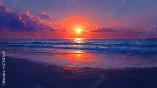A vibrant sunset over a tranquil ocean, reflecting hues of orange and purple on the water.
