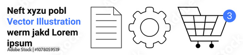 Document icon, gear symbol, and shopping cart with notification badge in blue circle. Ideal for e-commerce, integration, online shopping, technical settings, document management, notifications