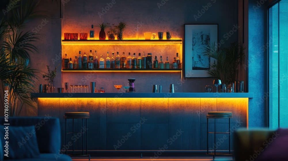 A stylish bar with illuminated shelves showcasing various bottles in a cozy setting. A stylish bar with illuminated shelves showcasing various bottles in a cozy setting.