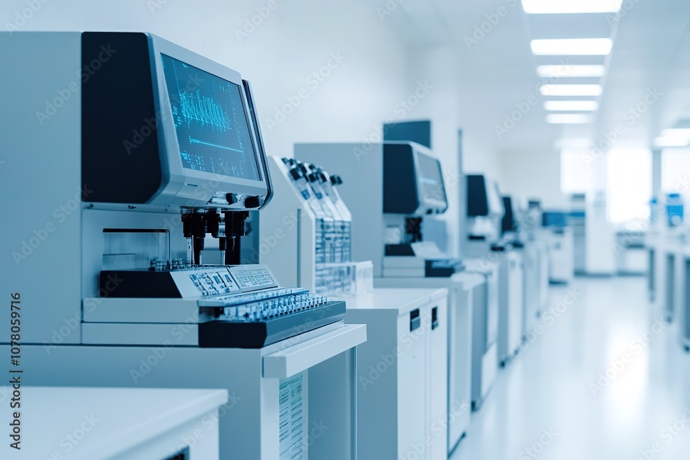 Row of modern lab equipment in a clean, white lab setting Row of modern lab equipment in a clean, white lab setting
