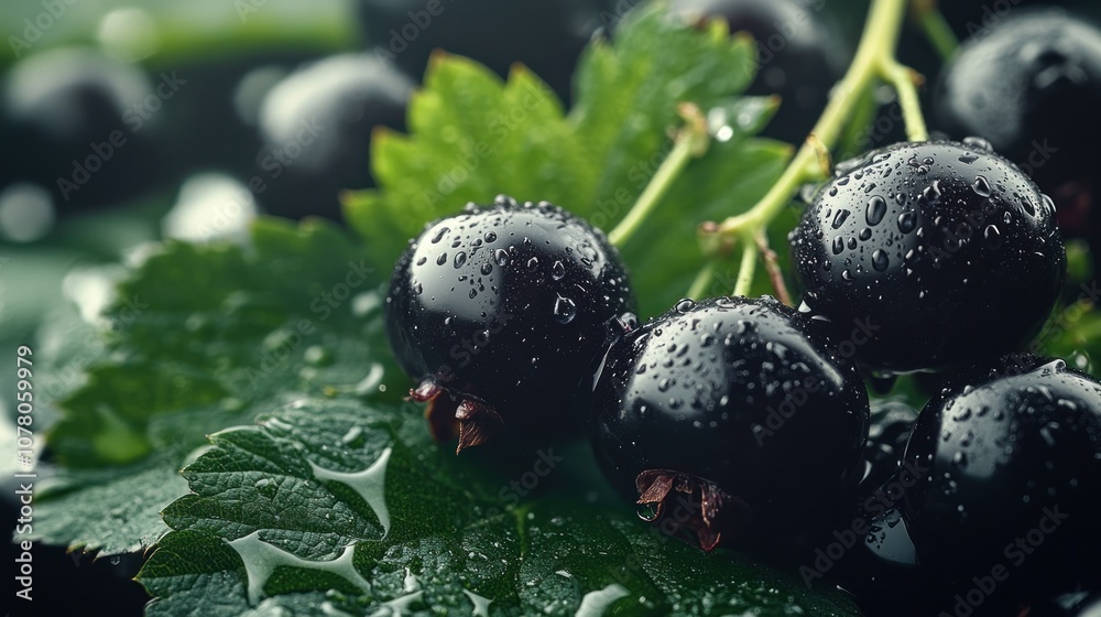 Close-up of fresh blackcurrants with droplets on leaves, showcasing their natural beauty. Close-up of fresh blackcurrants with droplets on leaves, showcasing their natural beauty.