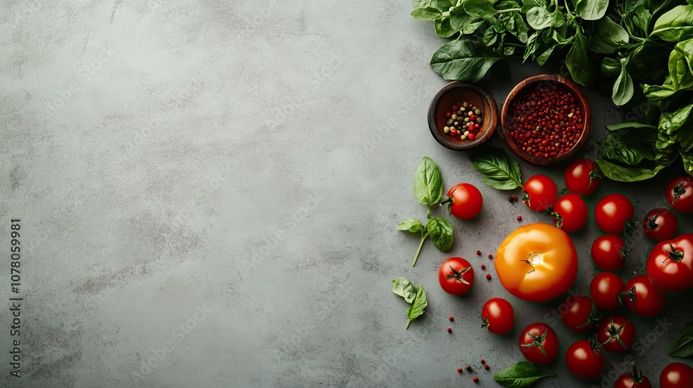 Fresh Vegetables and Herbs on Gray Background Fresh Vegetables and Herbs on Gray Background