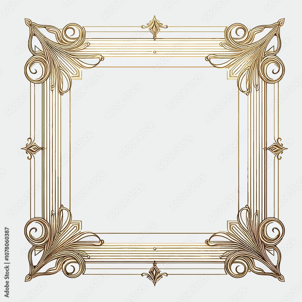 Sleek frame with thin gold lines and intricate corner details, radiating understated elegance. vector 
