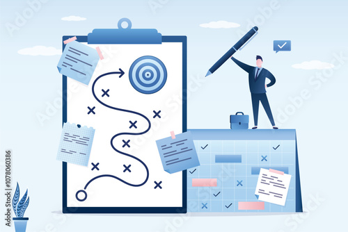 Smart businessman uses pen for project management, planning of work and business. Notes with tasks on planner. Paper sheet with plan, difficulty route to the goal.