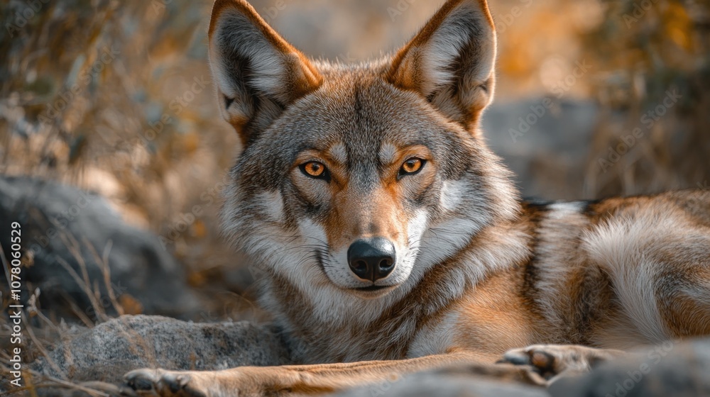A close-up of a coyote resting on the ground with a focused expression. A close-up of a coyote resting on the ground with a focused expression.