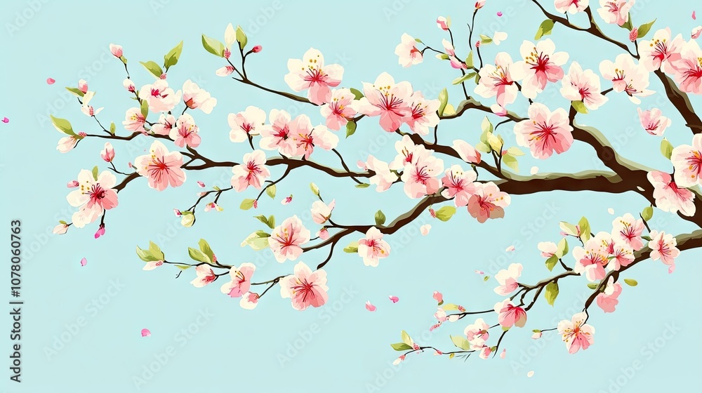 Fototapeta premium A tree branch adorned with an abundance of blooms and delicate branches, capturing the essence of spring. This vibrant tree branch offers ample copy space for designs and text.