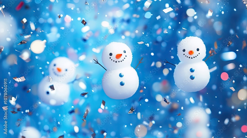 Bright Christmas background filled with snowman confetti, perfect for a beautiful winter theme. This New Year template offers ample space for adding your text.