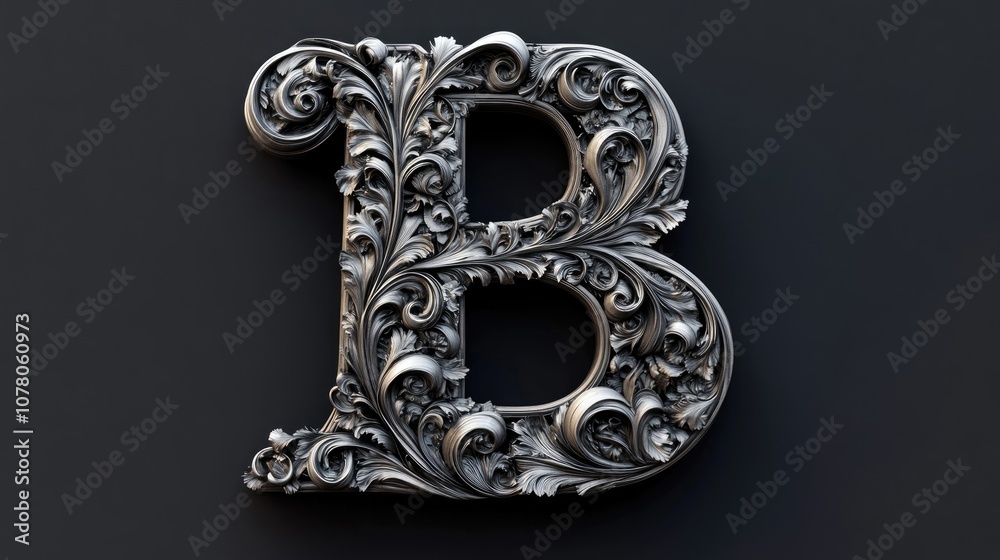 3D render of a lowercase letter B designed in a geometric style, displaying intricate shapes and patterns, perfect for creative projects with ample copy space available. 3D render of a lowercase letter B designed in a geometric style, displaying intricate shapes and patterns, perfect for creative projects with ample copy space available.