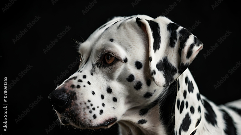 A close-up portrait of a Dalmatian dog with distinctive black and white spots with black and white background A close-up portrait of a Dalmatian dog with distinctive black and white spots with black and white background