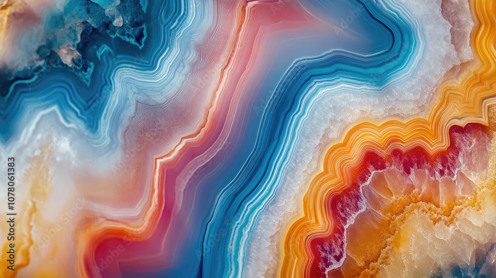 Abstract agate crystal in vibrant spring colors, with a stunning marble quartz background, perfect for creating unique designs. This agate image offers beautiful textured details and ample copy space. Abstract agate crystal in vibrant spring colors, with a stunning marble quartz background, perfect for creating unique designs. This agate image offers beautiful textured details and ample copy space.