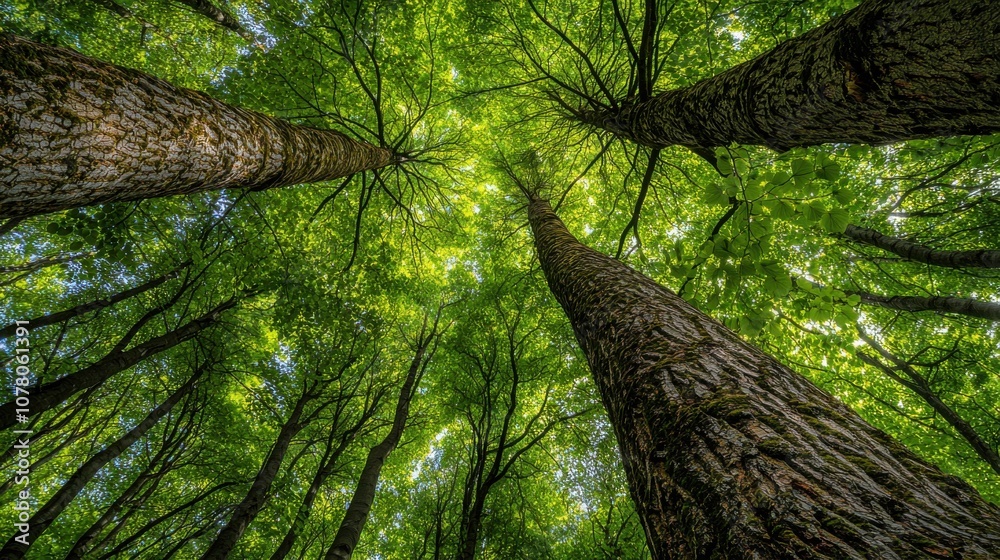 Fototapeta premium A view of tall trees reaching towards a bright green canopy.