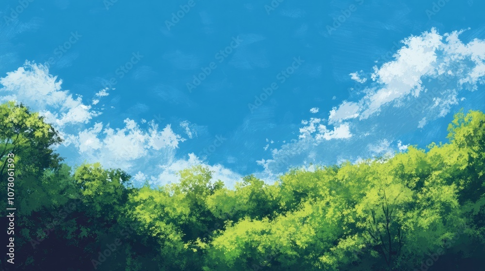 Obraz premium Tranquil summer landscape with a solid blue background, embodying lush greenery and expansive blue skies. This summer landscape provides a serene atmosphere with ample copy space.