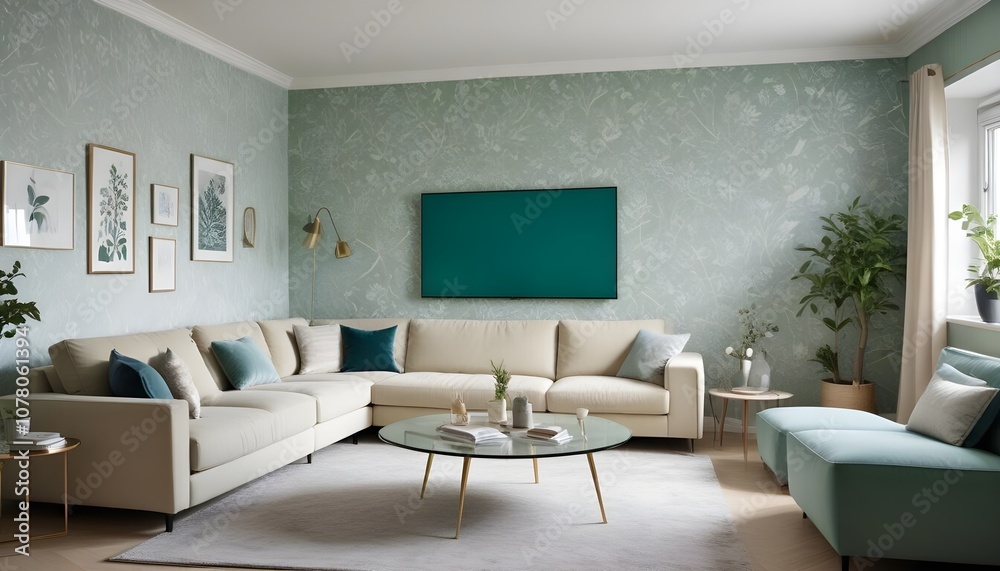 Scandinavian living room interior design zoom background,Doodle patterned wallpaper graphics Scandinavian living room interior design zoom background,Doodle patterned wallpaper graphics
