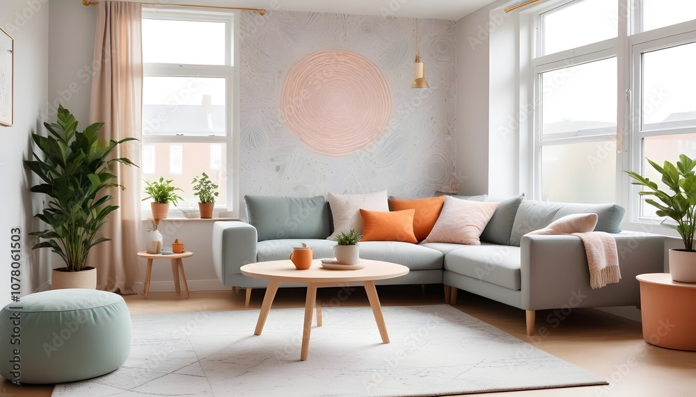 Scandinavian living room interior design zoom background,Doodle patterned wallpaper graphics