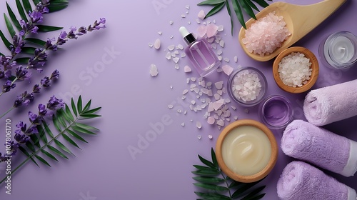 Lovely spa arrangement on a purple backdrop Cosmetics for healthy skin care