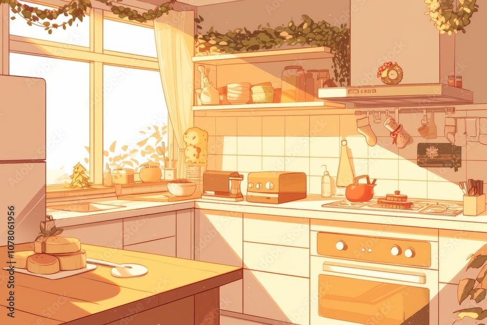 Fototapeta premium Warm kitchen with fresh baked goods and holiday decorations, Cozy vibe, Generative AI