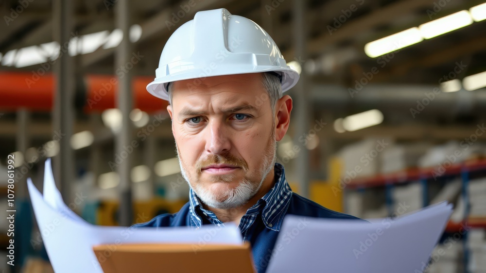 Professional Engineer in Hard Hat Examining Blueprints in Industrial Setting, Ideal for Construction and Engineering Marketing Materials Professional Engineer in Hard Hat Examining Blueprints in Industrial Setting, Ideal for Construction and Engineering Marketing Materials