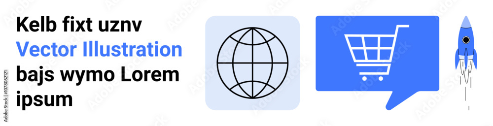 Globe icon representing global reach, chat bubble with shopping cart indicating e-commerce, and blue rocket symbolizing growth. Ideal for digital marketing, global business, e-commerce Globe icon representing global reach, chat bubble with shopping cart indicating e-commerce, and blue rocket symbolizing growth. Ideal for digital marketing, global business, e-commerce