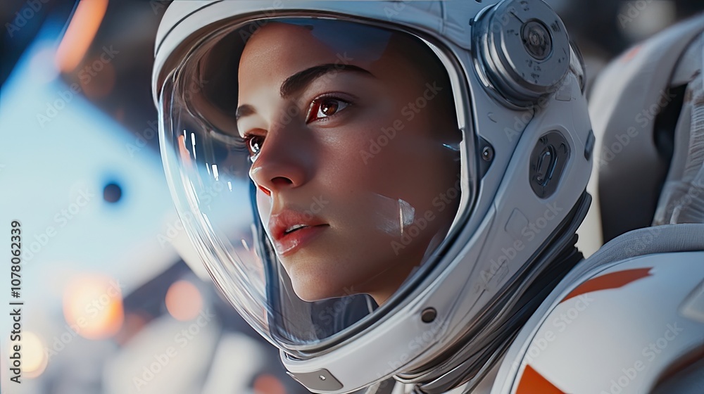 A young woman in a spacesuit gazes out the window, her expression filled with wonder and a hint of apprehension. A young woman in a spacesuit gazes out the window, her expression filled with wonder and a hint of apprehension.